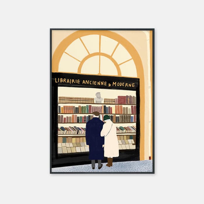 파리의 오래된 서점 앞 노부부 포스터 이미지