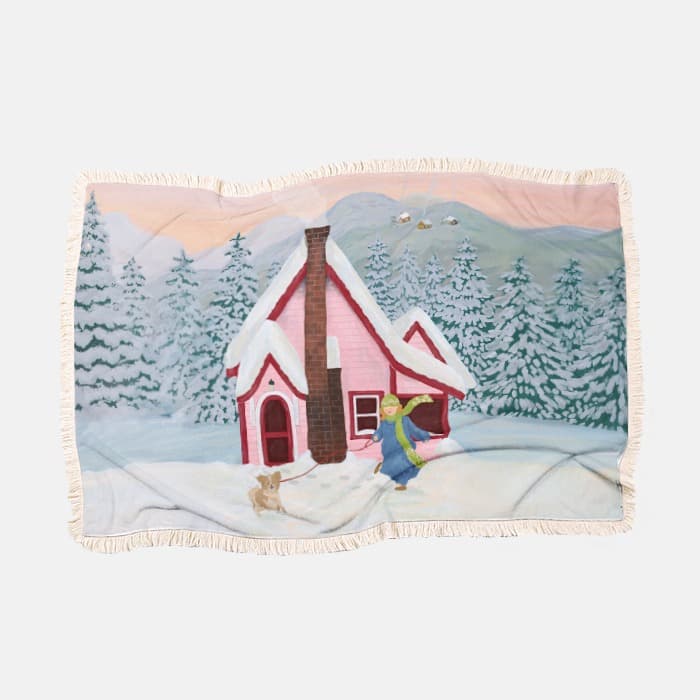 눈쌓인 핑크집 극세사 담요 이미지