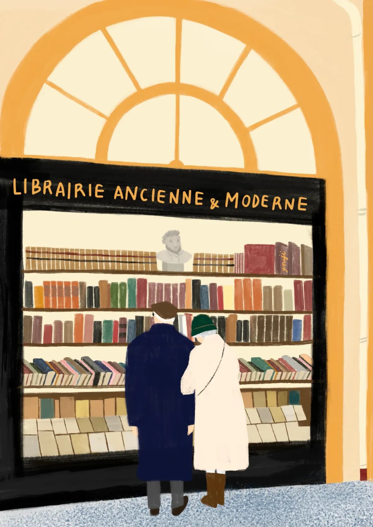 파리의 오래된 서점 앞 노부부