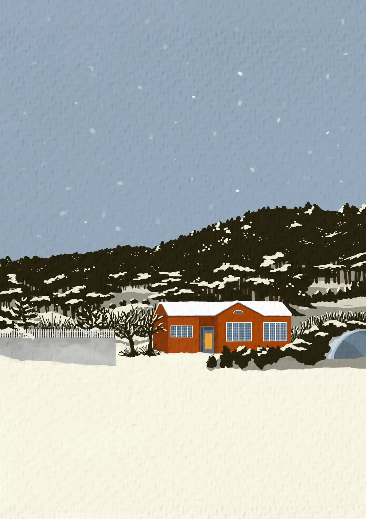 snowy day brick house